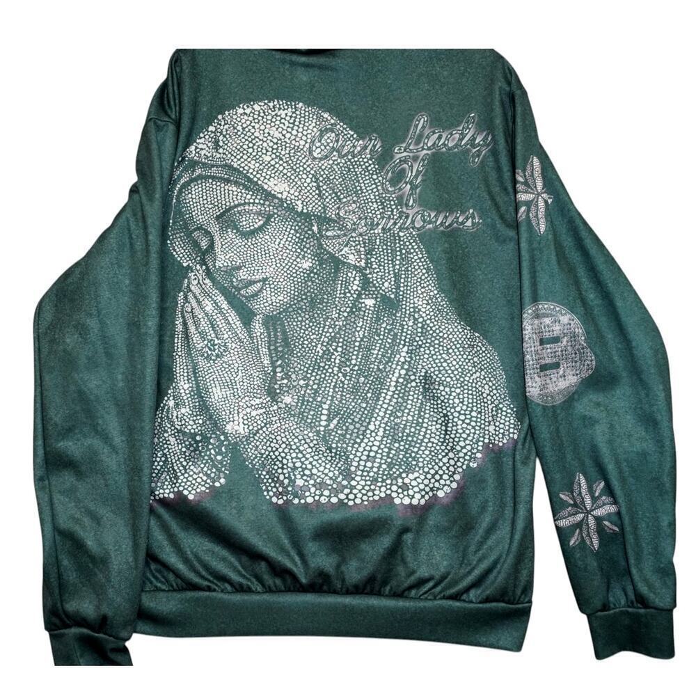 Our Lady of Sorrows Graphic Hoodie – Oversized Fit – Rhinestone Praying Hands – - Picture 3 of 4
